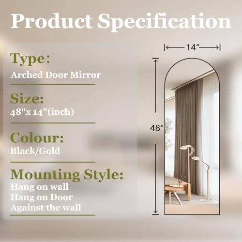 Image of BEAUTYPEAK Arched Full Length Over The Door Mirror 14 inch x 48 inch, Shatterproof Tempered Glass and Aluminum Alloy Frame, No-Drilling Hanging or Wall Mount, Full Body Mirror for Bedroom, Dorm, Black