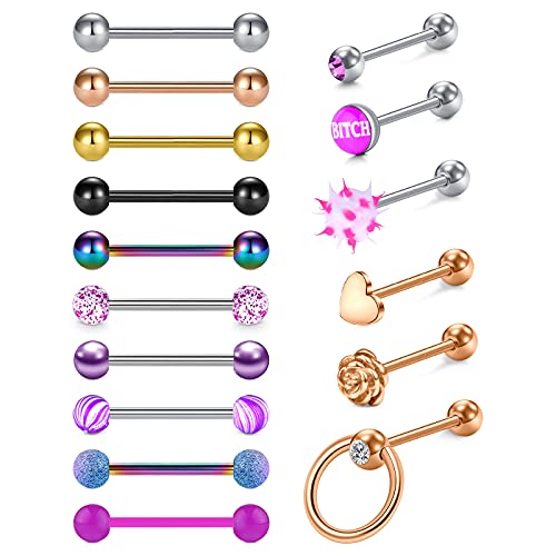 D.Bella Piercing para la Lengua 16mm Piercing en el Lengua de Acero Inoxidable en Forma de Corazón Flor Barras Rectas Lengua Pezón Piercing 16 Piezas Cover