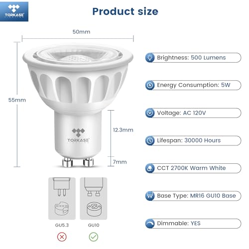 Torkase GU10 LED Bulb, Dimmable MR16 2700K Warm White, 120V 500LM Track Light 5W 50W Equivalent, 90% Energy Saving, 40 Degree, Replacement for Recessed Lighting, 6 Pack by Torkase - Image 5