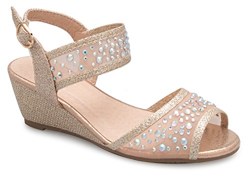Image of Olivia K Girl's Peep Toe Rhinestone Ankle Strap with Adjustable Buckle Wedge Sandals - Adorable, Comfort, Casual