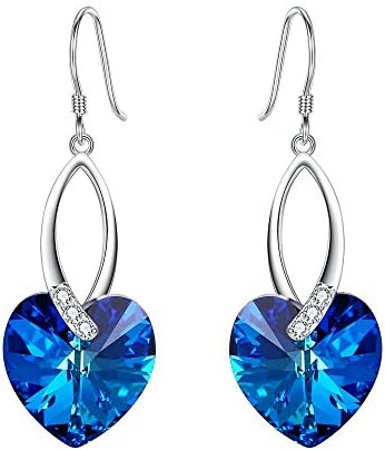 EleQueen Sterling Silver CZ Love Heart French Hook Dangle Earrings Bermuda Blue Made with Swarovski Crystals for Women, Valentine's Day/Mother's Day/Christmas Jewelry Gift for Girlfriend/Mom