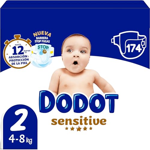 Dodot Pañales Bebé Sensitive Talla 2 (4-8 kg), 174 Unidades, Protección de la Piel Recién Nacido, Ultra Suaves, Indicador de Humedad, Barrera Anti Fugas, Testados Dermatológicamente