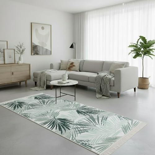 Fashion4Home Teppich Läufer - Tepiche für Wohnzimmer, Schlafzimmer, Küche, Kinderzimmer, Badezimmer - Boho Kelim - Läufer Flur, Palm-Grün-Weiß, Größe: 80x150 cm