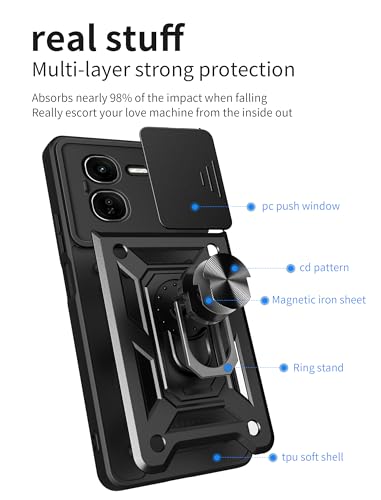 Image of SPAZY CASE Plastic Iqoo Z9X 5G Back Cover|Heavy Duty Hybrid Case with 360 Degree Rotating Finger Ring Holder + Slider Shutter Camera Protection Case for Iqoo Z9X 5G 5G-Black