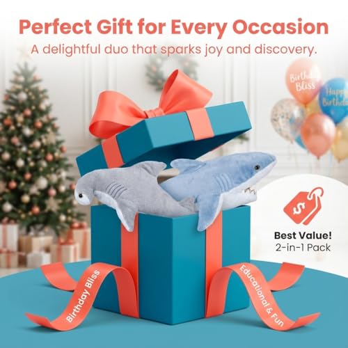 Image of Bedwina Stuffed Animal Sharks - Pack of 2 Large, 14 inch Mako & 13 inch Hammerhead Plush Shark Toys, Stuff Animals Toy, for Baby Toddlers & Kids