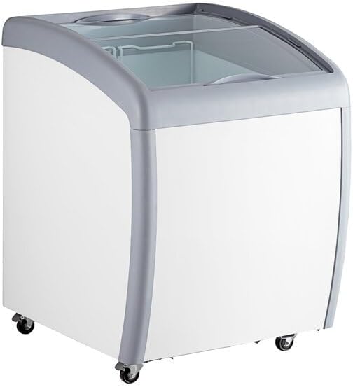 Commercial Display Ice Cream Freezer, White Powder-Coated Steel, 26 3/16 x 28 1/8 x 34 1/2 Inches, Curved Glass Top, LED Lighting, 5.3 Cu Ft Capacity, 2 Baskets