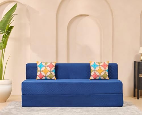 Image of uberlyfe Xtra High, Xtra Soft 3 Seater (6' x 6') Sofa Cum Bed | 1 Year Warranty | 17 inch Sofa Height | King Size Foldable Bed | Plush Laser Quilted Fabric | 2 Cushions Jharokha Pattern | Deep Blue Color