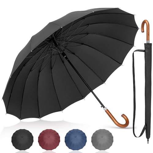 NINEMAX Grote Paraplu Winddicht Sterk, 16 Ribben Stokparaplu's Met Houten Handvat,Heavy Duty Herenparaplu voor Mannen Vrouwen (Zwart)