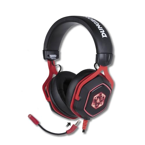 Konix Dungeons & Dragons Auriculares Gaming con Cable D20 para PC - Altavoces de 50 mm - Micrófono - Cable USB de 2 m - Retroiluminación - Negro y Rojo