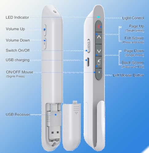 Image of DinoFire Wireless Presentation Remote with Air Mouse White, RF 2.4GZ Rechargeable USB C Slide Clicker for Powerpoint Presentations for Laptop /Computer /MAC