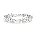 EVER FAITH Pulsera de tenis con perlas para novia, elegante, marquesa con circonitas, en forma de hoja, joya para boda, fiesta, para mujer, chapada en oro blanco