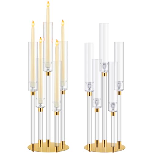 Barydat 4 Pcs Acrylic Candelabra Centerpieces Candle Holder Crystal 5 Arm Candlesticks Holder with Acrylic Shade Pillar Taper Candlestick for Wedding Dinner Party Fit 0.87" LED Candle(Gold,2 Pcs) by Barydat - Used condition - US$20.53
