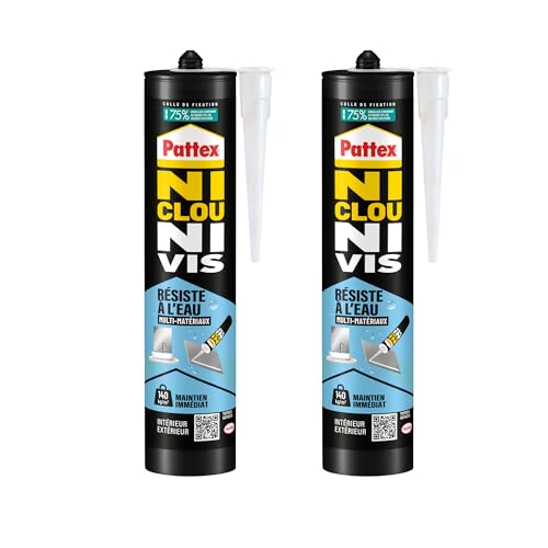 Pattex Ni Clou Ni Vis Fix Résiste à l'eau, Multi Matériaux Intérieur & Extérieur, Lot de 2 cartouches de 450 g, colle de fixation, colle forte tous supports, mastic blanc