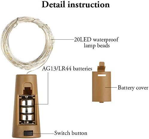 [6-Pack] Cork Lights 6.56 ft 20 Led Wine Bottle Lights Battery Operate Waterproof Silver Fairy Lights for Liquor Bottles Crafts, Bedroom, DIY, Party, Wedding Gift Decor Indoor Outdoor (Cool White)