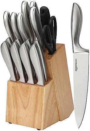 Amazon Basics Stainless Steel Comfort Grip Knife Set with Block, 18-Piece