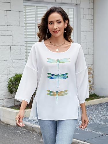 Summer Tops for Women Casual Tops Office Elegance Polyester Tee with Floral Dragonfly Design Comfort Fit Blouse2