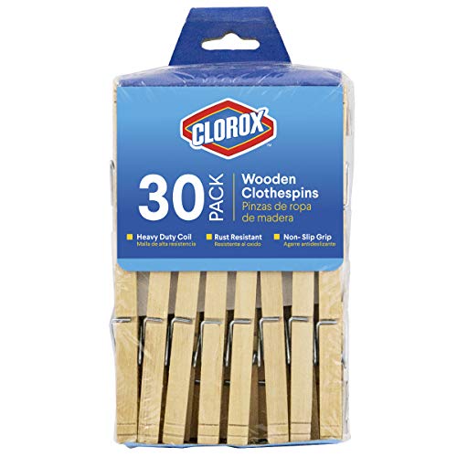 Image of Clorox Wood Clothespins with Spring - Value Pack Set of 30 | Rust Resistant, Heavy-Duty Coil, Non-Slip Grip for Line Drying Laundry, Chip Clips, Crafts