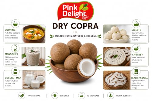Image of Pink Delight Whole Dry Copra (Sukha Nariyal) | Natural & Sun Dried Coconut | Premium Quality Copra Gola | Rich in Healthy Fats | Ideal for Cooking, Sweets & Pooja Use (Approx 400-500 gm)
