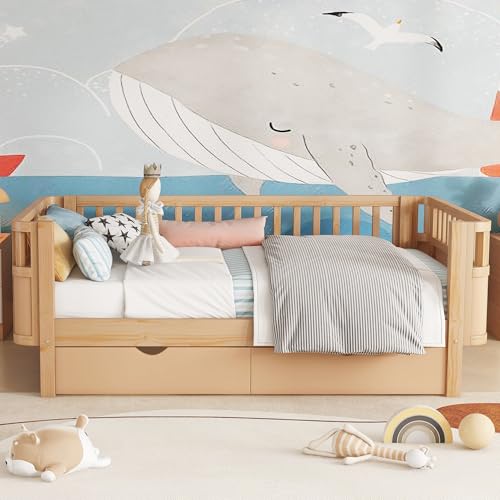KEIKI Twin Size Wooden Floor Bed, Montessori Platform Bed Frame w/Large Storage Drawers, Low Profile & Safety Rails, Space Saving Kids Beds for Boys Girls Bedroom, No Box Spring Needed, Brown