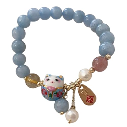Ferricult Pulseira de gato para mulher, pulseira de boa sorte de vidro azul com amuleto de gato de cerâmica, jóias Feng Shui para riqueza e proteção decoração da casa