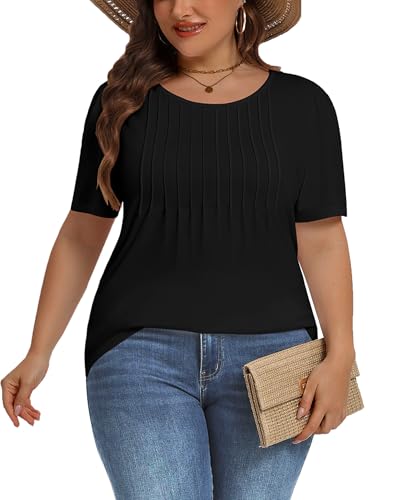 Image of Plus Size Tops for Women Pleated Summer Top Trendy Short Sleeve Shirts Casual Basic Tee Crew Neck Blouses 2026