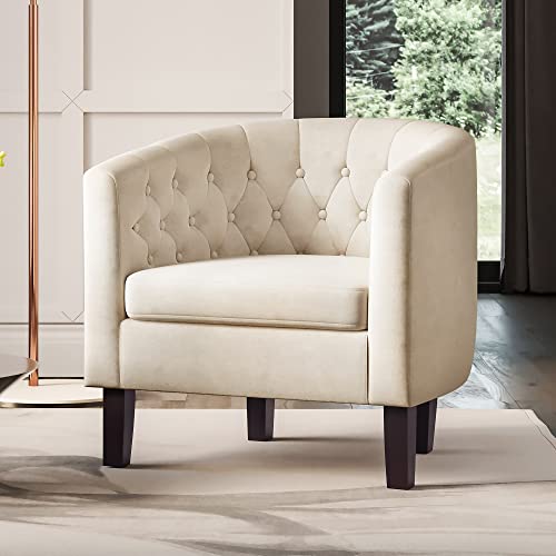 Image of BELLEZE Accent Barrel Arm Chair Set of 2, Modern Comfy Upholstered Tufted Club Chair with Sturdy Legs and Linen Fabric for Bedroom Living Room - White