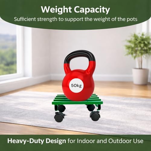 Image of Square Metal Plant Caddy with Wheels - Rolling Plant Stand for Indoor & Outdoor Planters, Rust-Resistant, Smooth Mobility Plant Stand for Balcony Garden Home (Green, Pack of 4)