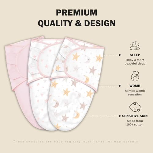 Image of Cute Castle 3-Pack Baby Swaddle Sleep Sacks - Newborn Swaddle Sack - Ergonomic Baby Swaddles Blanket Warp for Boys and Girls - Baby Essentials (0-6 Months - Pink, Moon, Stars)