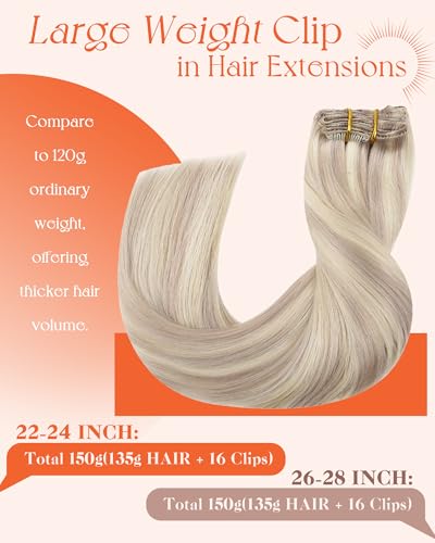 Image of Sunny Hair Clip in Hair Extensions Real Human Hair Highlights 26 Inch 150g | Clip in Remy Hair Extensions Real Human Hair Blonde Highlights, Extra Long Hair and Statement Length for Prom Hairstyles