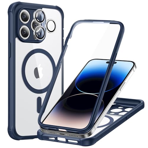 Image of ESR for iPhone 14 Pro Max Case, Compatible with MagSafe, Full-Body Military-Grade Drop Proof Case for iPhone 14 Pro Max with Built-in 9H+ Tempered Glass Screen Protector, Clear Blue