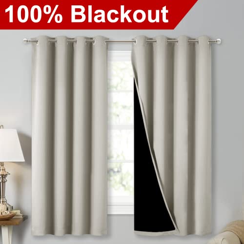 Image of NICETOWN Extra Long Truly Blackout Drapes for Hall and Villa, 46-inch Width Each Panel, 45-inch Length, Natural, 2 Pieces, 100% Blackout Window Curtain Panels with Black Lined for Night Shift Worker
