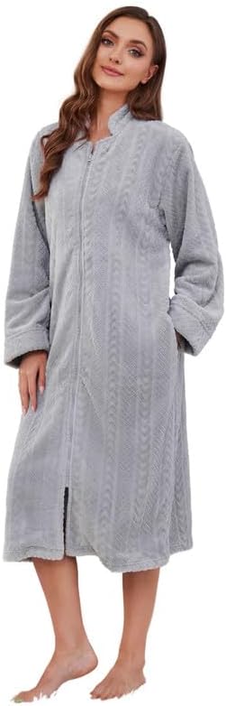 LYCY Women Plush Zipper Robe, Long Fleece House Coat Nightgown with Pockets Solid Bathrobe