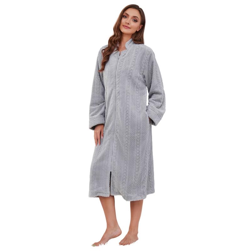 LYCY Women Plush Zipper Robe, Long Fleece House Coat Nightgown with Pockets Solid Bathrobe