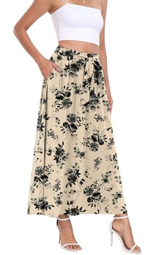 Askyes Womens Maxi Skirt Summer Trendy Tie Knot Elastic High Waisted Boho Casual Beach Flowy Swing Long Skirts with Pockets3