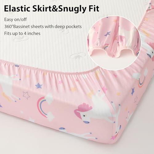 Image of Baby Bedside Bassinet Sheets Fitted Girl, 33 inchx20 inch Compatible with Baby Delight Dream On Me & Most Rectangle Bedside Sleeper Bassinet Mattresses, Super Soft Microfiber Pink Purple Rainbow