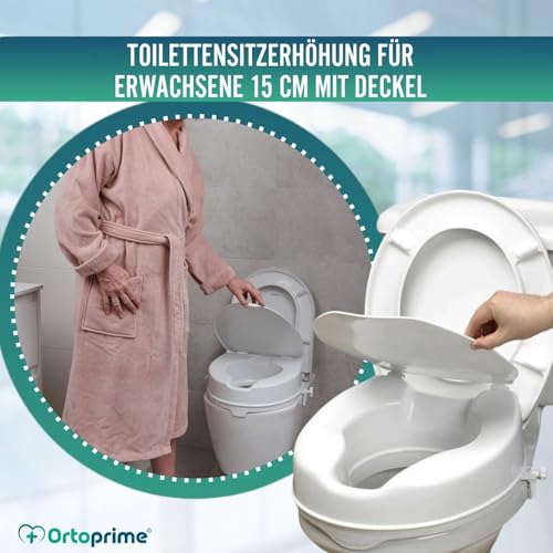 OrtoPrime WC Aufsatz 15 cm mit Deckel Toilettensitzerhöhung Universal für Senioren – Erhöhter Toilettensitz Orthopädisch – Sitzerhöhung WC für Behinderte und Menschen mit eingeschränkter