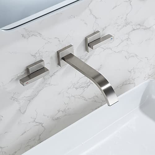 Brass Wall Faucet Brushed Nickel Wall Mounted Bathroom Faucet, Wall Mount Bathroom Sink Faucet, Dual Lever Handle, Rough-In Valve Included, Pt001-Bn #TOP3