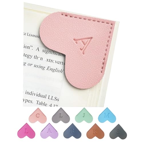MOTEERLLU Personalized Leather Heart Bookmark with Initials, Handmade, Cute Custom Corner Book Marks for Reading Women, Teachers, Students, Book Lovers Gifts, Book Accessories (Pink, A)