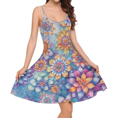 Image of Women's Spaghetti Strap Dress Summer Casual Swing Sundress Girls Beachwear Swing Mini Dress