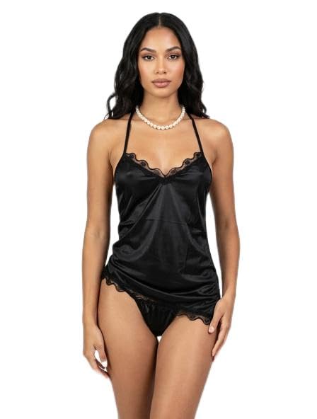 Women's Satin Babydoll Lingerie Set with Matching Panty | Sexy Nightwear Chemise Sleepwear, Soft Silky Lace Cami Night Dress | Honeymoon Bridal Wedding Night Romantic Lingerie for Women, Black-image-6