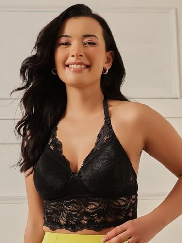 Image of Clovia Women Lace Padded Non-Wired Halter Neck Longline Bralette