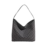 Geometric pattern shoulder bag, large capacity shoulder bag, brown trim, stylish women's crossbody bag (Black)