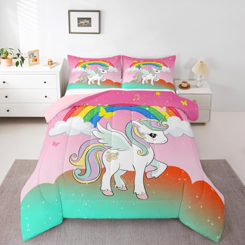 Kids Kawaii Unicorn Queen Comforter Set Girls Unicorn Bedding Stars Rainbow Gradient Quilted Duvet Cartoon Musical Notes Duvet Set Children Unicorn Animals Reversible Down Comforter,Multicolor 3Pcs