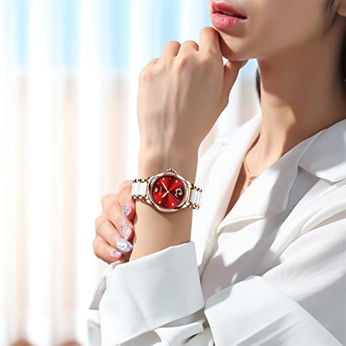 Image of OLEVS Watches for Women Dress Roman Numerals Diamonds Stainless Steel Waterproof Silver Designer Metal Date Expanding Bracelet Ladies Wrist Watch, Red, strap