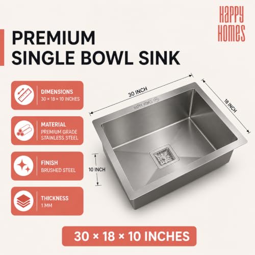 Image of HAPPY HOMES HAPPY HOMES 24x18x10 Inch Kitchen Sink 100% Stamped 304 Grade Stainless Steel with Nanocoated Undercoating, Sound Dampening |Square Coupling and Metal Fruit Basket | 25 Years Warranty