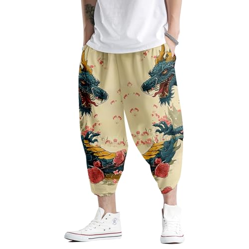 Image of DOSLAVIDA Men's Japanese Kimono Cardigan Suit Chinese Style Printed Jacket Pants Set Open Front Seven Sleeve Top & Shorts