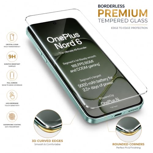 Image of ArmourPro 3D Borderless Tempered Glass for OnePlus Nord CE 6 and Nord 6, Set of 2 HD Clear Screen Protectors with 3D Curved Edges, 9H Hardness, Oleophobic Coating, Case Friendly