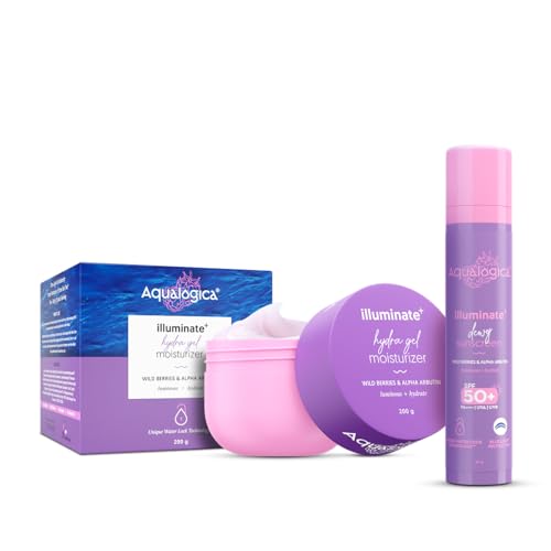Image of Aqualogica Illuminate+ Protect & Hydrate Kit|Illuminate+ Dewy Sunscreen Spf 50+ Pa++++ (50 G) + Illuminate+ Hydra Gel Moisturizer (200G)|Spf 50+ Pa++++|For Luminous Skin|24 Hour Intense Hydration,All