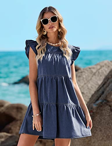Image of luvamia 2025 Denim Dress for Women Summer Babydoll Sleeveless Ruffle Sleeve Mini Dresses Loose Flowy Swing Pleated Dress