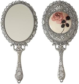 SEHAMANO Hand Mirror with Handle Compact Handheld Makeup Mirror Rose Cosmetic Clear Mirror Matt Silver Tin